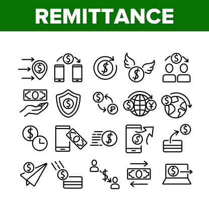 Remittance Finance Collection Icons Set Vector. International Electronic Remittance, Money Dollar Banknote And Coin, Bank Card And Shield Concept Linear Pictograms. Monochrome Contour Illustrations