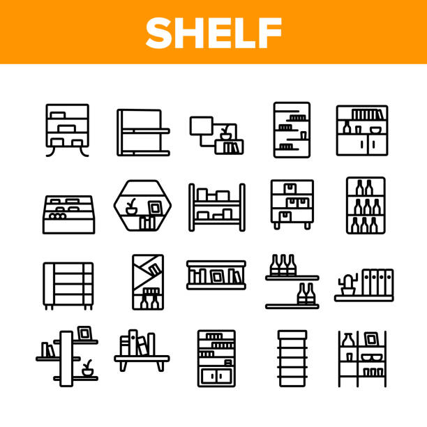 ilustrações de stock, clip art, desenhos animados e ícones de shelf room furniture collection icons set vector - shelf bookshelf store empty