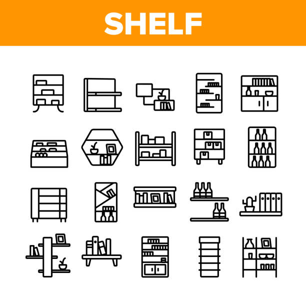 貨架室內傢俱收藏圖示設置向量 - 書櫃 幅插畫檔、美工圖案、卡通及圖標