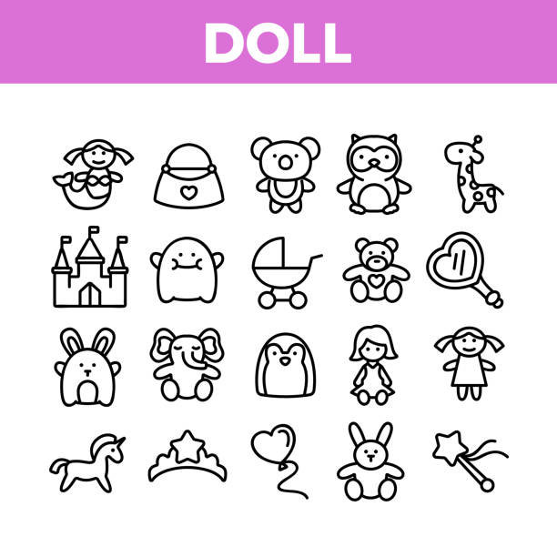 illustrazioni stock, clip art, cartoni animati e icone di tendenza di doll children toys collection icons set vector - bambola giocattolo