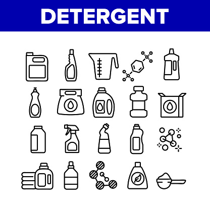 Detergent Cleaning Collection Icons Set Vector. Detergent Molecular Formula And Package With Cleanser, Measuring Bowl And Canister Concept Linear Pictograms. Monochrome Contour Illustrations