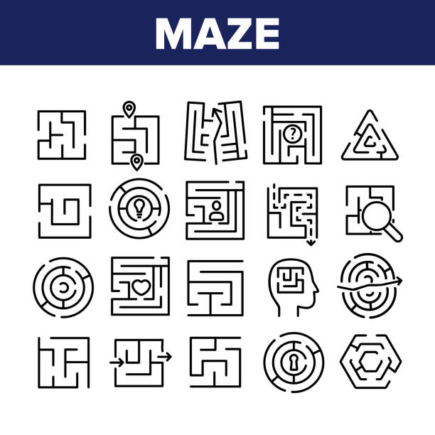 Maze Puzzle Different Collection Icons Set Vector Maze Puzzle Different Collection Icons Set Vector. Maze Labyrinth Research And In Human Head, Direction And Locked, Keyhole And Heart Shape Concept Linear Pictograms. Monochrome Contour Illustrations maze stock illustrations