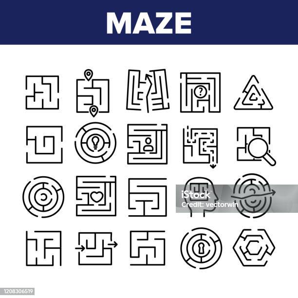 Maze Puzzle Different Collection Icons Set Vector Stock Illustration - Download Image Now - Maze, Puzzle, Contemplation