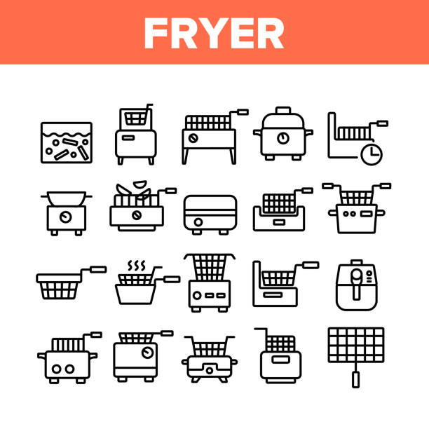 Fryer Electronic Tool Collection Icons Set Vector Fryer Electronic Tool Collection Icons Set Vector. Fryer Electric Equipment For Cooking Hot Fry Fat Potato And Chicken Food Concept Linear Pictograms. Monochrome Contour Illustrations deep fryer stock illustrations