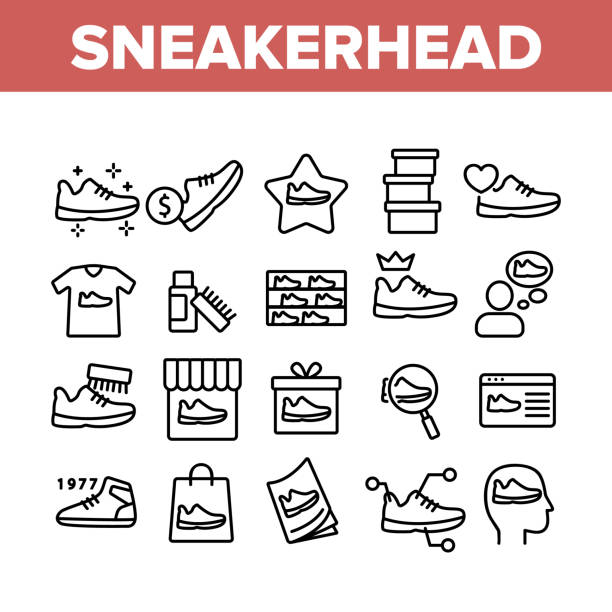 sneakerhead footwear collection icons set vector - schuhwerk stock-grafiken, -clipart, -cartoons und -symbole