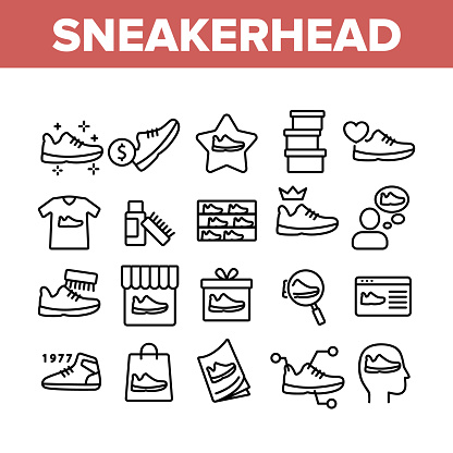 Sneakerhead Footwear Collection Icons Set Vector. Sneakerhead In Gift Box And Bag, Cleaning Brush And Cream, Online Shopping And Store Concept Linear Pictograms. Monochrome Contour Illustrations