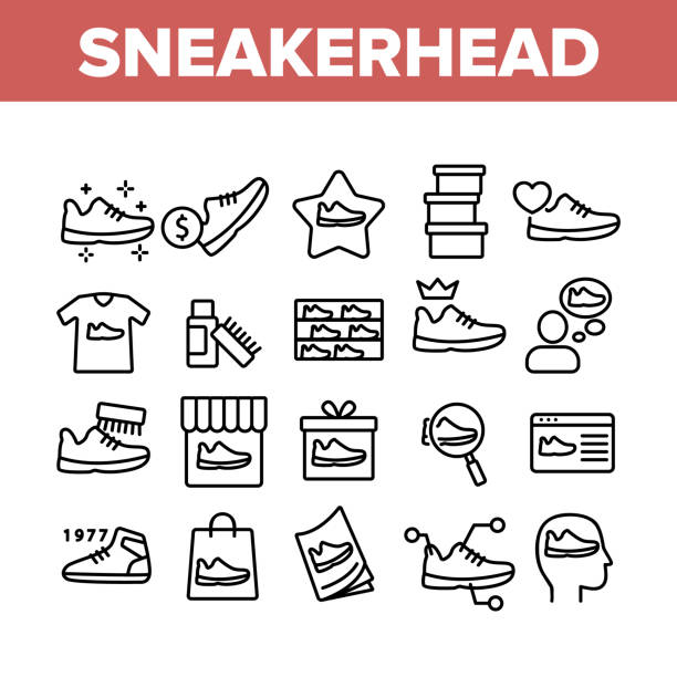 Sneakerhead Footwear Collection Icons Set Vector Sneakerhead Footwear Collection Icons Set Vector. Sneakerhead In Gift Box And Bag, Cleaning Brush And Cream, Online Shopping And Store Concept Linear Pictograms. Monochrome Contour Illustrations shoe stock illustrations