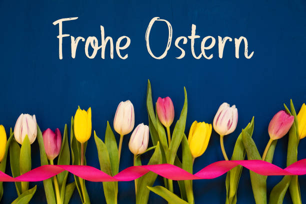 istock Colorful Tulip, Merry Easter Happy Easter, Ribbon, Blue Background 1208308103