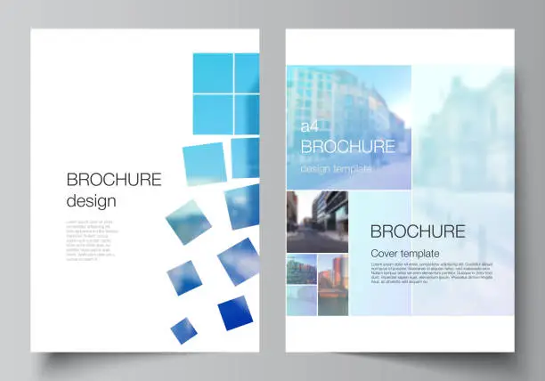 Vector illustration of Vector layout of A4 format cover mockups templates for brochure, flyer layout, booklet, cover design, book design, brochure cover. Abstract design project in geometric style with blue squares.