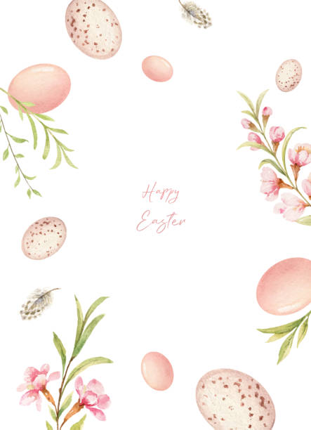 illustrations, cliparts, dessins animés et icônes de bonne pâques vector aquarelle à la main peint carte de vœux. - decoration eggs leaf easter