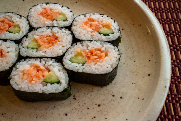istock Delicious sushi rolls on a ceramic plate 2 1208308487