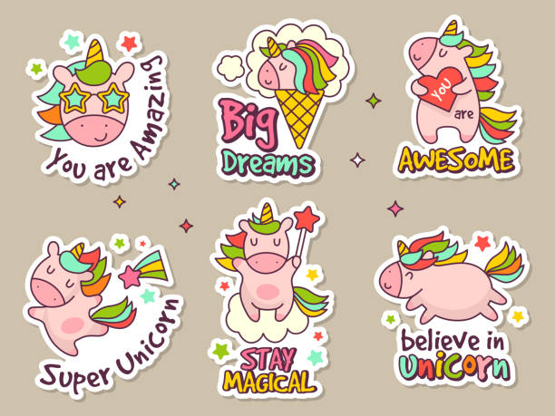 Unicorn badges. Fashion labels set or stickers with fairytale characters vector retro objects set Unicorn badges. Fashion labels set or stickers with fairytale characters vector retro objects set. Unicorn rainbow, patch magic fairytale illustration kid stickers stock illustrations