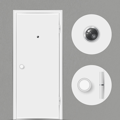 White closed door with a peephole isolated on grey background. Peephole, door handle and door hinge close-up. Vector illustration.