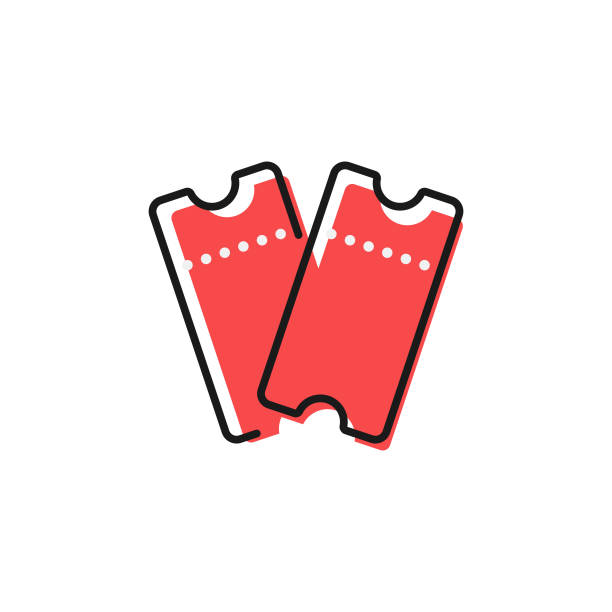흰색 배경에 두 개의 빨간 티켓 아이콘 평면 디자인입니다. - ticket movie theater movie movie ticket stock illustrations