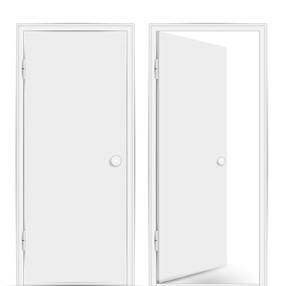 White vector doors. Realistic wooden doors, closed and open inside isolated on white background.