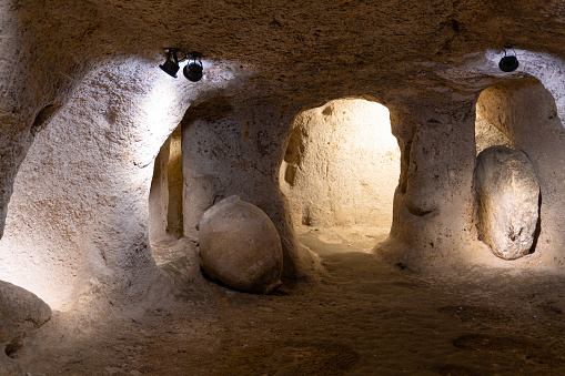 Large old clay pot in cave, underground city, Mucur underground city (yeralti sehri in Turkish)