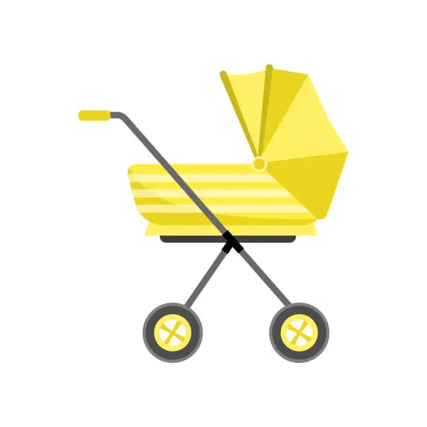 Vector illustration of Yellow modern high baby stroller, retro design