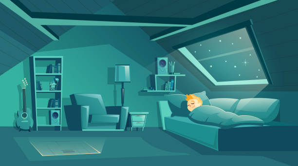 Vector attic room at night with sleeping boy Vector cartoon attic room at night with boy sleeping on sofa, modern loft apartment under wooden roof. Bedroom for children, cozy cockloft with furniture. Interior background of garret, mansard lifestyle backgrounds audio stock illustrations