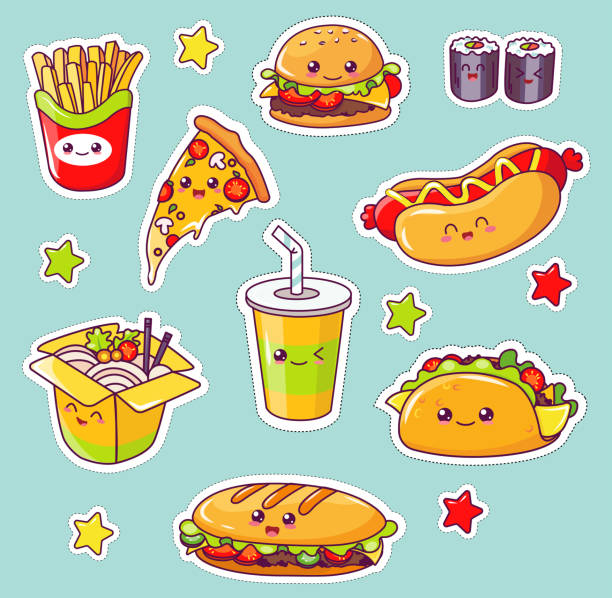 illustrations, cliparts, dessins animés et icônes de kawaii fast food, junk manger tasty meal flat. - hamburger refreshment hot dog bun