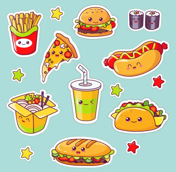 Vector illustration of Kawaii Fast Food, Junk Eating Tasty Meal Flat.