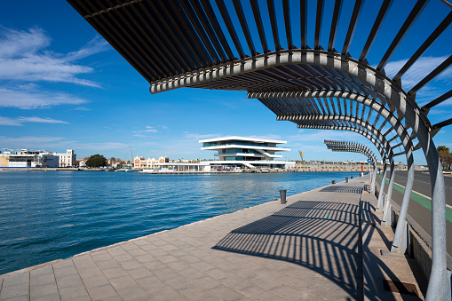 Valencia coty port skyline in sunny day with blue sky at Mediterranean Spain