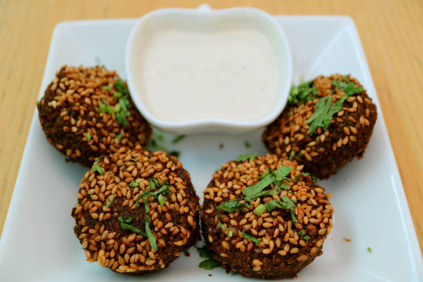 Plate of Tasty Falafel Deep-fried Balls with Yogurt Dip