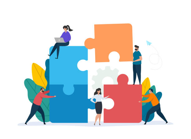 illustrations, cliparts, dessins animés et icônes de concept de travail d’équipe avec le puzzle de construction. les gens travaillent ensemble avec des éléments de puzzle géants. - plan illustrations