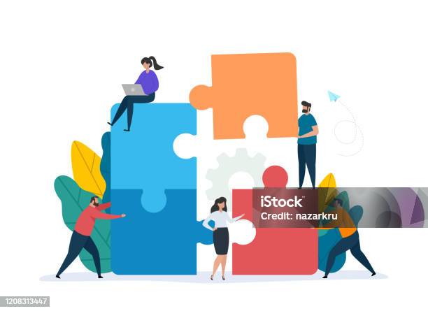 Teamwork Concept With Building Puzzle People Working Together With Giant Puzzle Elements Stock Illustration - Download Image Now