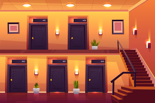 Rooms in hotel corridor with stairs on second floor, empty luxury hotel hallway interior cross section view with numbered doors, lamps, plants and tiled floor, motel hall. Cartoon vector illustration