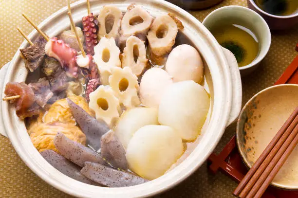 A typical Japanese dish with Oden eating in the cold winter season. Some eggs, radishes, kneaded materials are contained.