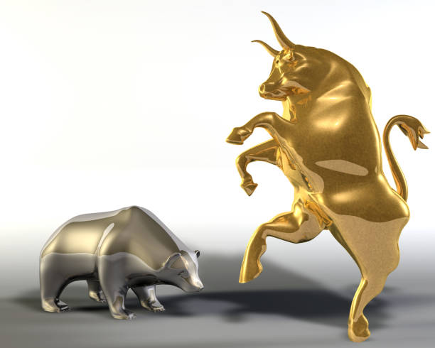istock Golden bull and metal bear 1208314645