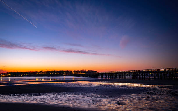 Powder Point Bridge over the Black River at Low Tide at Night