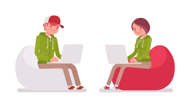 Young man, woman sitting in bean bag working with laptop Young man, woman sitting in a bean bag working with laptop, wearing hoodie jacket. Cute smart people in casual green hoody, youth city fashion hooded sweatshirt. Vector flat style cartoon illustration bean bag illustrations stock illustrations