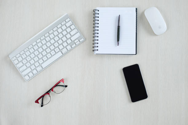 istock Office desk table with supplies. Flat lay Business workplace and objects. 1208317179