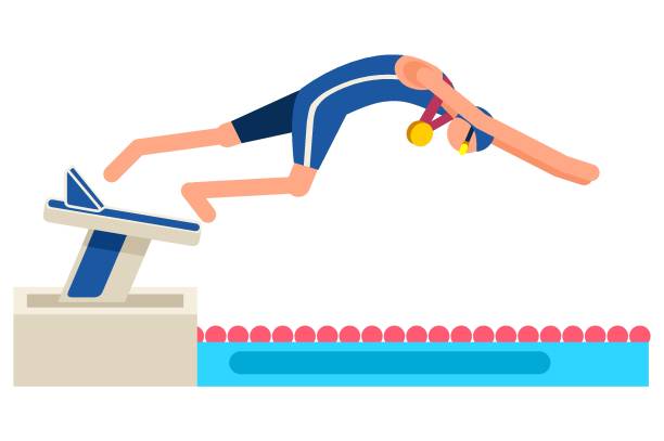 Diving Diver Symbol Swimming Man Male person celebrate summer games athletics medal. Sportive people celebrating diving team. Diver athlete symbol on victory celebration. Sports cartoon symbolic flat vector illustration diving into pool stock illustrations