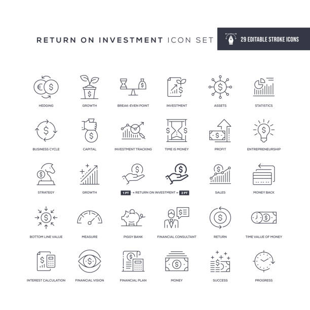 return on investment editable stroke line icons - time and money stock-grafiken, -clipart, -cartoons und -symbole