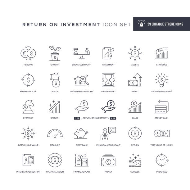 Return on Investment Editable Stroke Line Icons 29 Return on Investment Icons - Editable Stroke - Easy to edit and customize - You can easily customize the stroke width finance icons stock illustrations