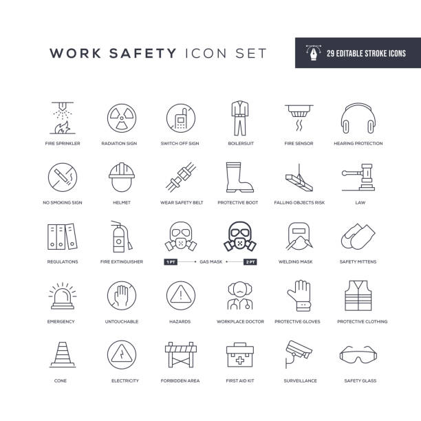 arbeitssicherheit editable stroke line icons - sicherheitsausrüstung stock-grafiken, -clipart, -cartoons und -symbole
