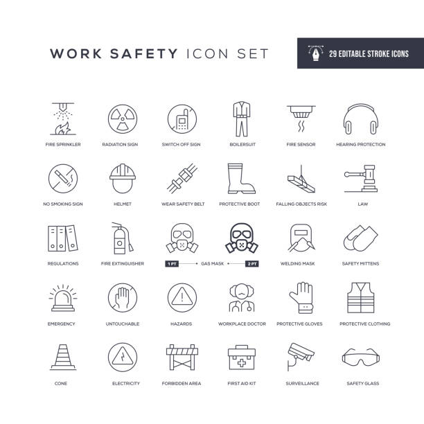 bezpieczeństwa pracy edytowalne ikony linii obrysu - warning sign seat belt stock illustrations