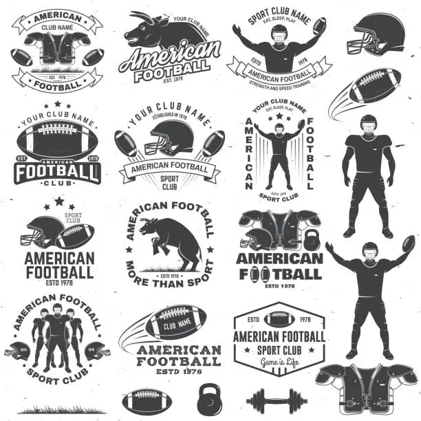 Vector illustration of Set of american football or rugby club badge. Vector for shirt, logo, print, stamp, patch. Vintage design with bull, american football sportsman player, helmet, ball and shoulder pads silhouette