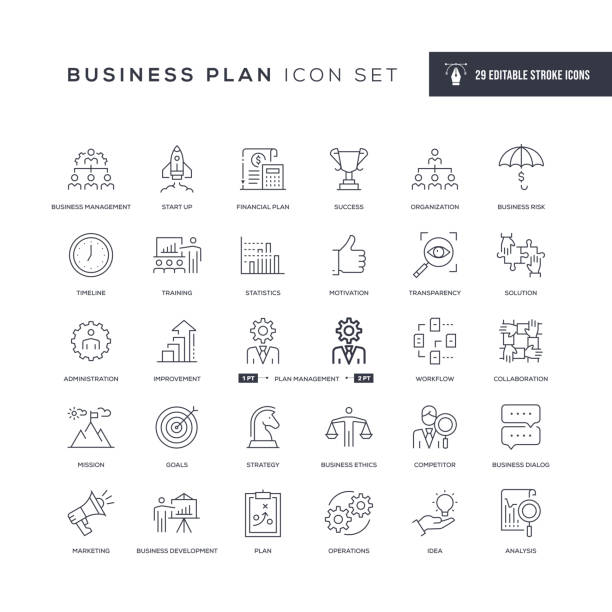 ilustrações, clipart, desenhos animados e ícones de ícones de linha de traçado editáveis do plano de negócios - branding strategy plan business