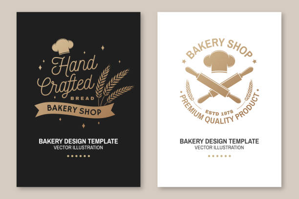 Set of Bakery shop badge. Vector. Concept for poster, flyer, bakery template. Design with chef hat , rolling pin, dough, wheat ears silhouette. For frames, packaging Set of Bakery shop badge. Vector illustration. Concept for poster, flyer, bakery template. Design with chef hat , rolling pin, dough, wheat ears silhouette. For frames, packaging chef borders stock illustrations
