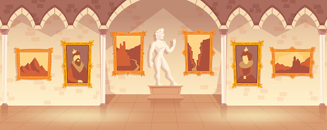 Vector Cartoon Art Gallery In Medieval Palace Stock Illustration - Download  Image Now - Castle, Domestic Room, Museum - iStock