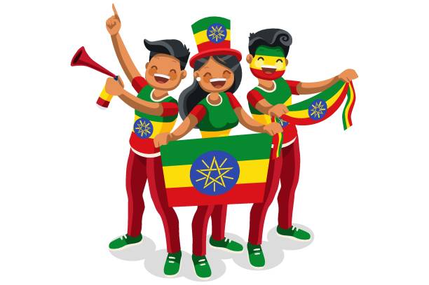 Ethiopians with Ethiopia Flag Symbol Crowd of persons celebrate national day of Ethiopia with a flag. Ethiopian people celebrating a football team. Soccer symbol and victory celebration. Sports cartoon symbolic flat vector illustration men watching soccer game stock illustrations
