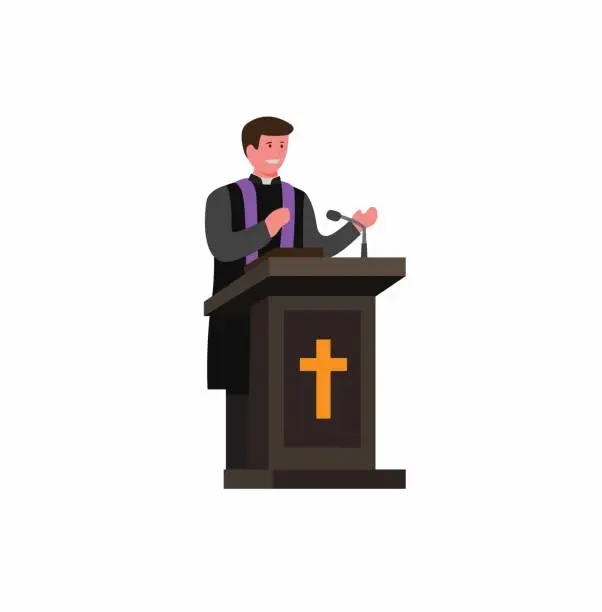 Vector illustration of pastor, priest, preacher speaking in podium with bible, cartoon flat illustration vector isolated in white background