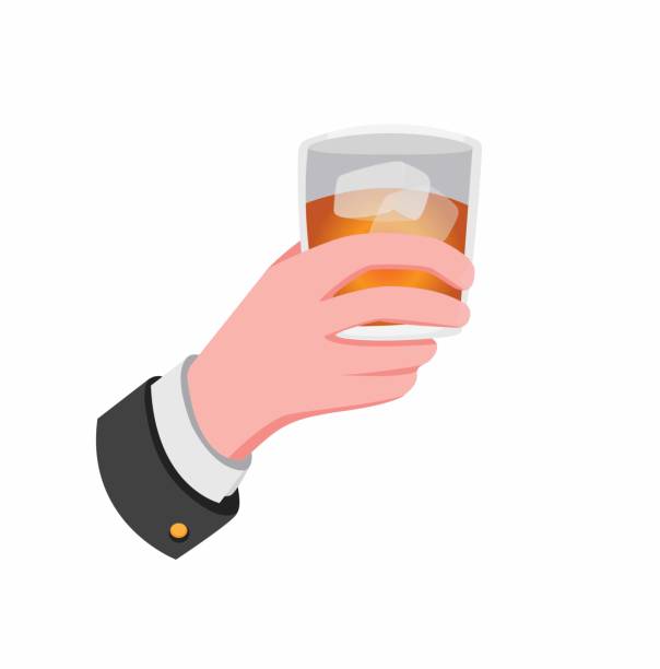businessman hand holding whiskey or rum glass with ice cubes. Alcohol drink cup for luxury celebration Party drink shot with orange liquid cartoon flat illustration vector isolated businessman hand holding whiskey or rum glass with ice cubes. Alcohol drink cup for luxury celebration Party drink shot with orange liquid cartoon flat illustration vector isolated scotch whiskey illustrations stock illustrations