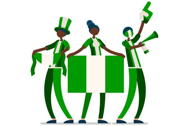 Nigerian Flag Nigeria People Crowd of persons celebrate national day of Nigeria with a flag. Nigerian people celebrating a football team. Soccer symbol and victory celebration. Sports cartoon symbolic flat vector illustration men watching soccer game stock illustrations