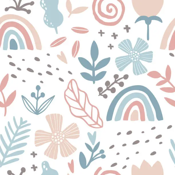 Vector illustration of Rainbow floral seamless pattern. Abstract tile in hand-drawn simple doodle cartoon style. Scandinavian vector illustration in pink-blue pastel palette