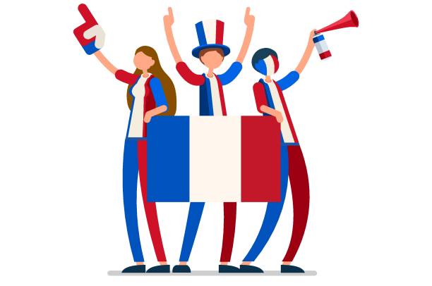 France Flag French People Crowd of persons celebrate national day of France with a flag. French people celebrating a football team. Soccer symbol and victory celebration. Sports cartoon symbolic flat vector illustration men watching soccer game stock illustrations