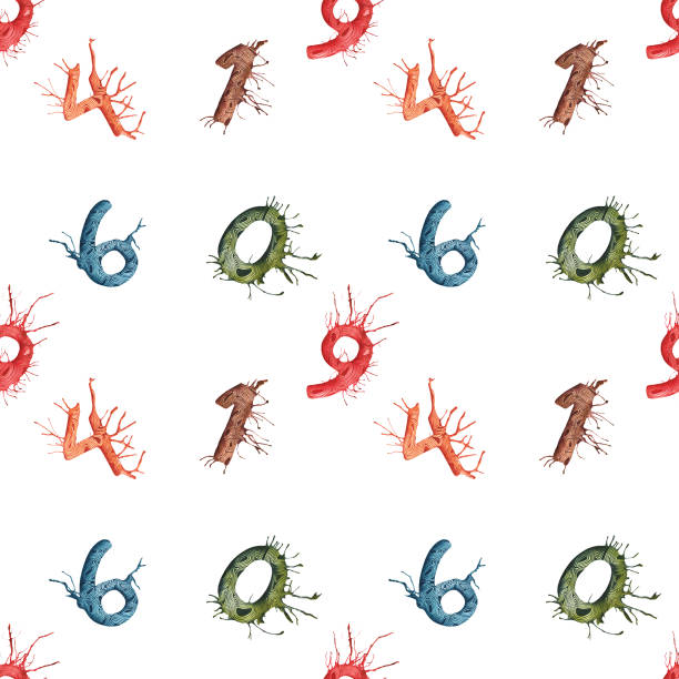istock Watercolor and pen ball hand drawing numbers seamless pattern. Numbers with splash and wooden effect on white isolated background. Green, brown, red, blue, orange. Zero, one, four, six, nine. 1208324125